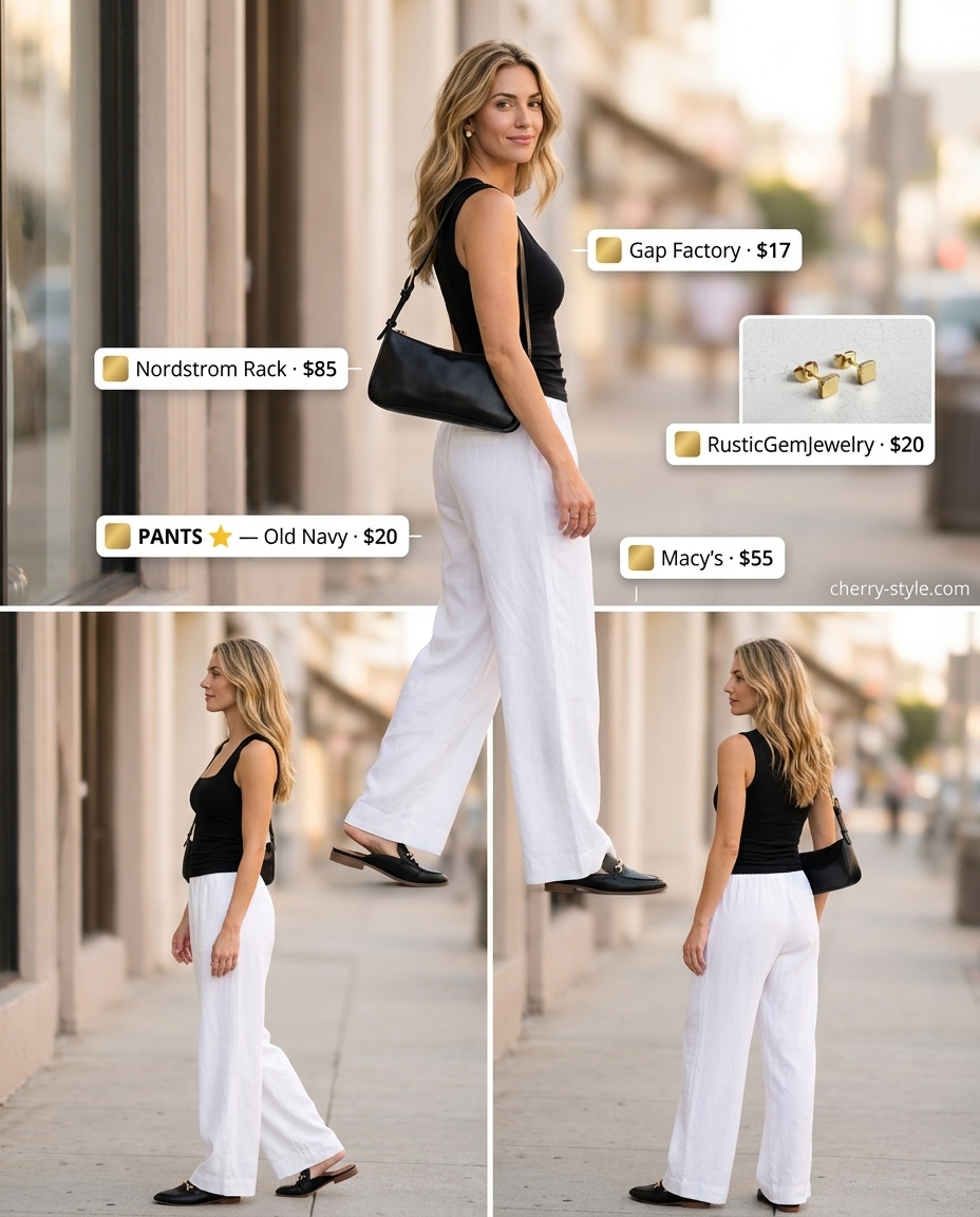 Minimalist white linen wide-leg pants for smart casual events, with black tank and mules.