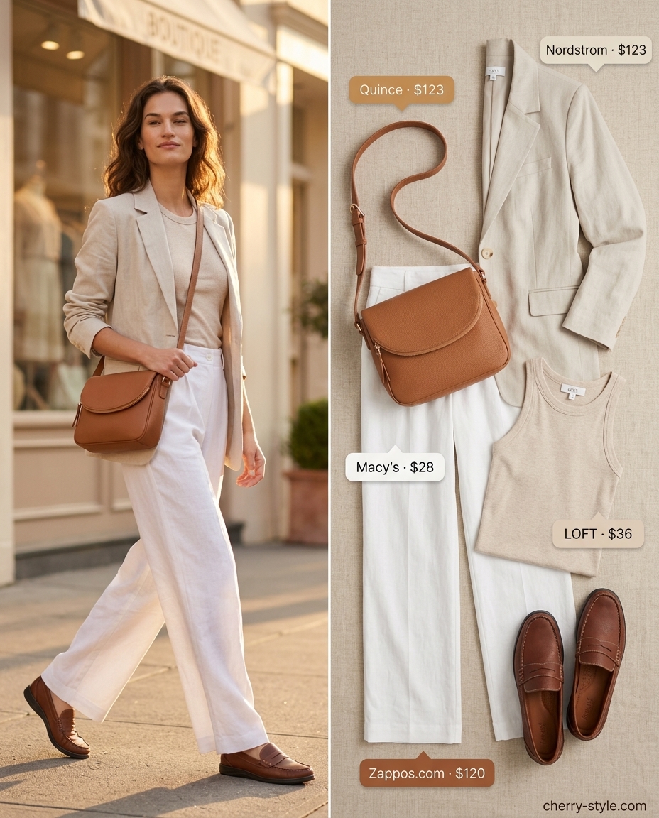 Polished white summer linen pants 2026 outfit with linen blazer, knit tank, and loafers.
