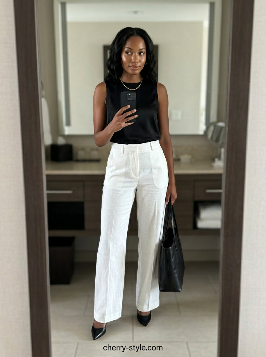 Sophisticated white summer linen pants 2026 suit outfit with tailored trousers, camisole, and pointed-toe pumps.