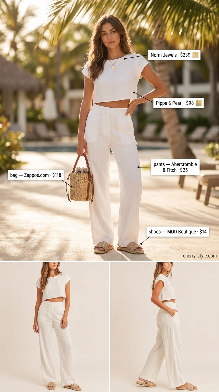 Chic white summer linen pants 2026 set outfit with cropped bandeau top and midi skirt.