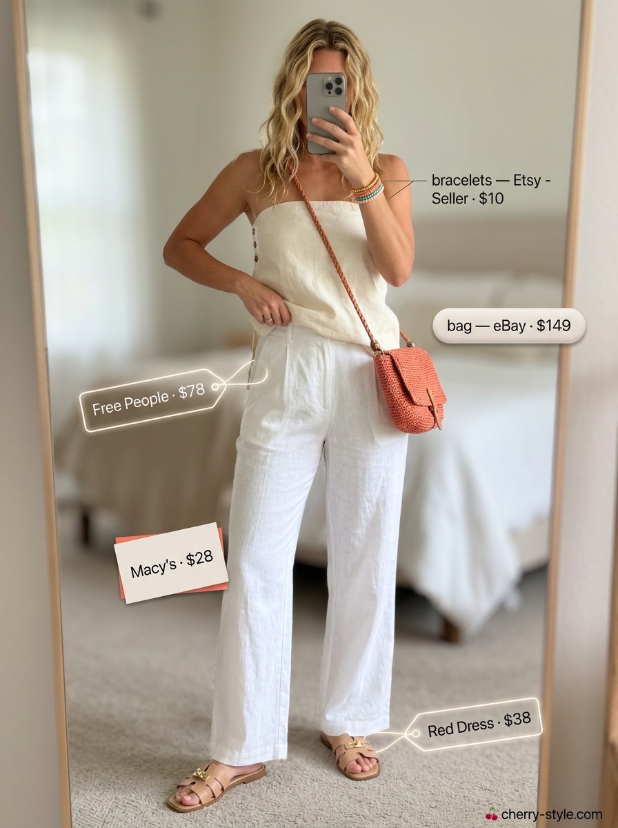 Playful white linen bandeau top and shorts set for beach vacations, with tan slides.