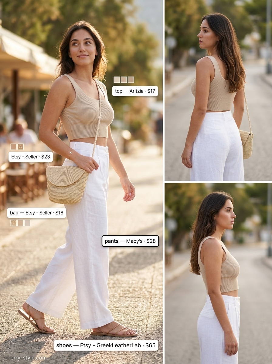 Chic white linen pants for daytime events, styled with a beige knit top and tan sandals.