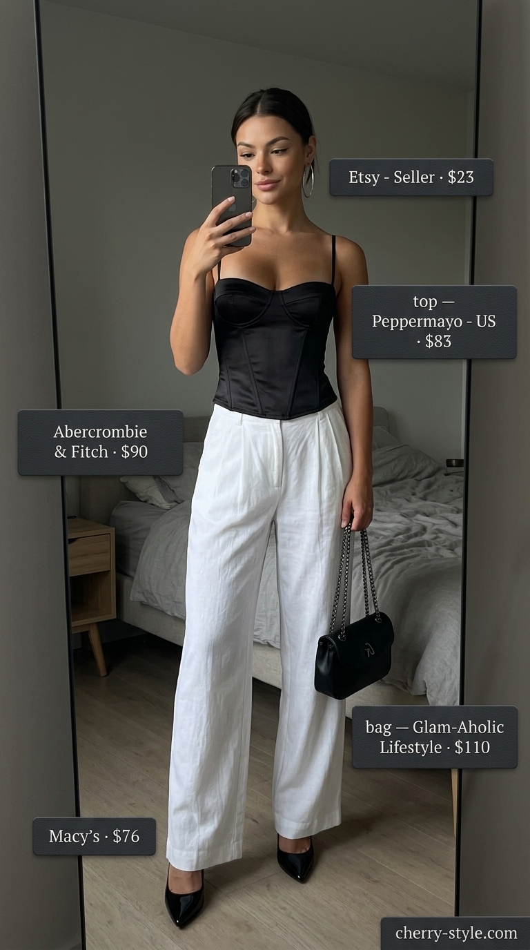 Edgy white summer linen pants 2026 outfit with black corset top, stiletto heels, and silver hoops.