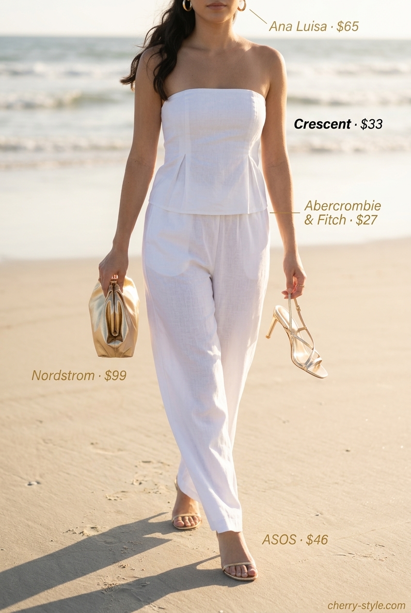 Chic white summer linen pants 2026 coord set with cropped bandeau top, gold sandals, and large hoop earrings.