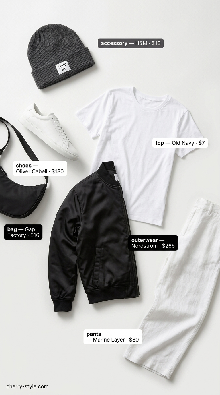 Sporty chic white summer linen pants 2026 outfit with bomber jacket, beanie, and sneakers.