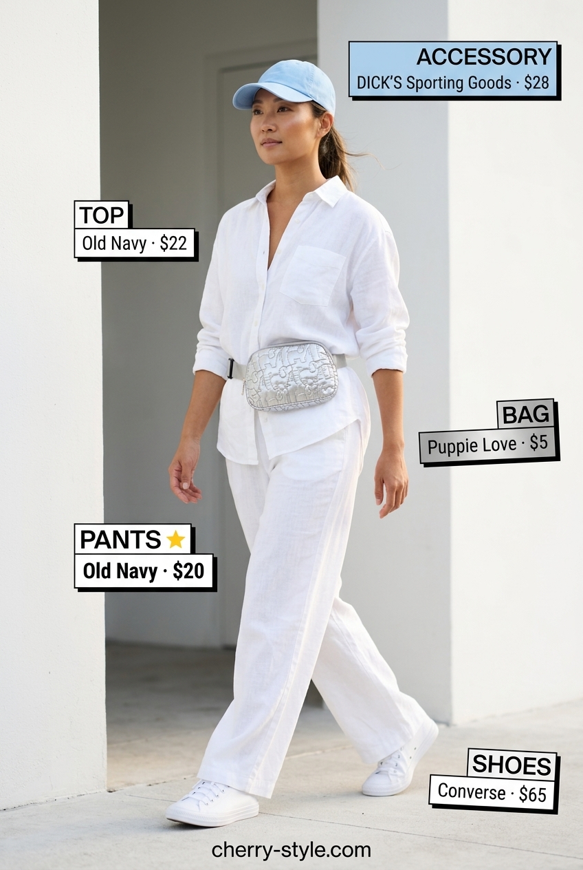 Sporty white summer linen pants 2026 set with matching button-down, white sneakers, and silver belt bag.
