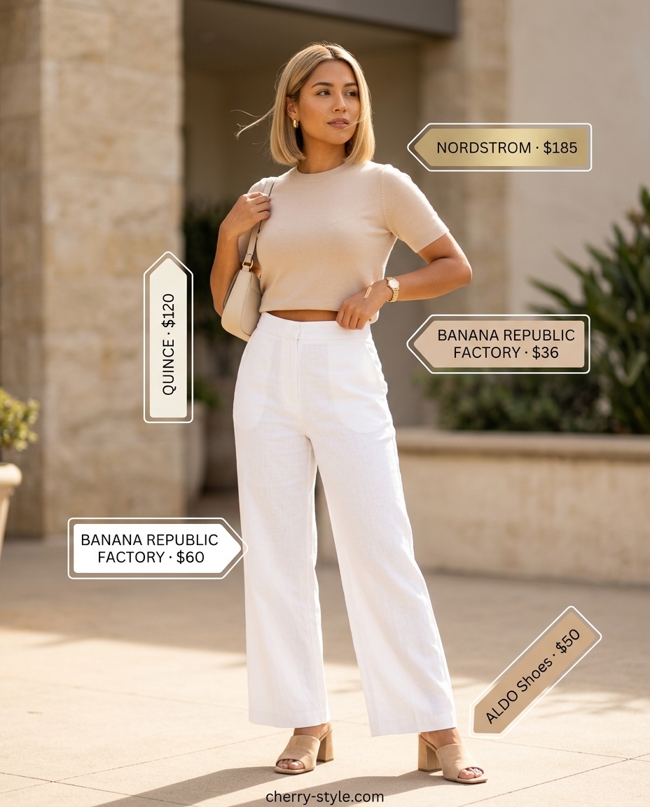 Sophisticated white summer linen pants 2026 outfit with tailored wide-leg pants, knit top, and block heels.