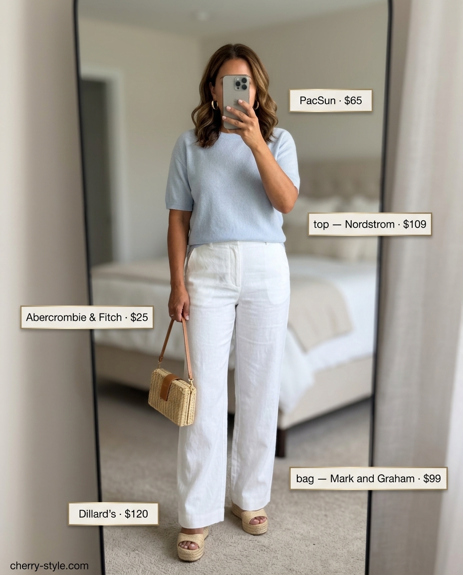 Chic white summer linen pants 2026 outfit with pastel blue sweater, tan espadrilles, and straw clutch for wedding guest.