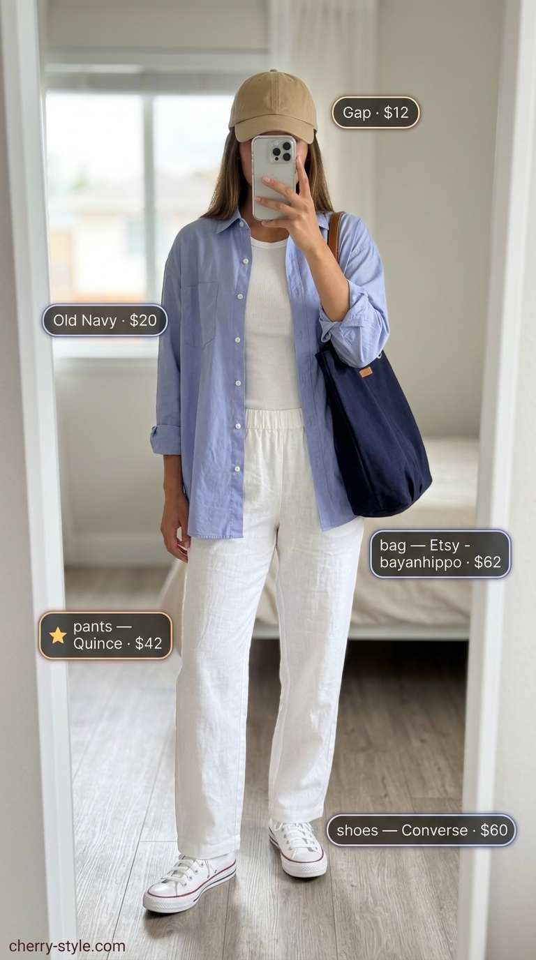 Weekend market ready white summer linen pants 2026 outfit with oversized shirt and sneakers.
