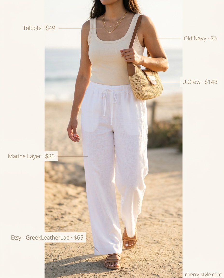 Relaxed white linen wide-leg pants for beach excursions, styled with a cream tank and gold necklaces.