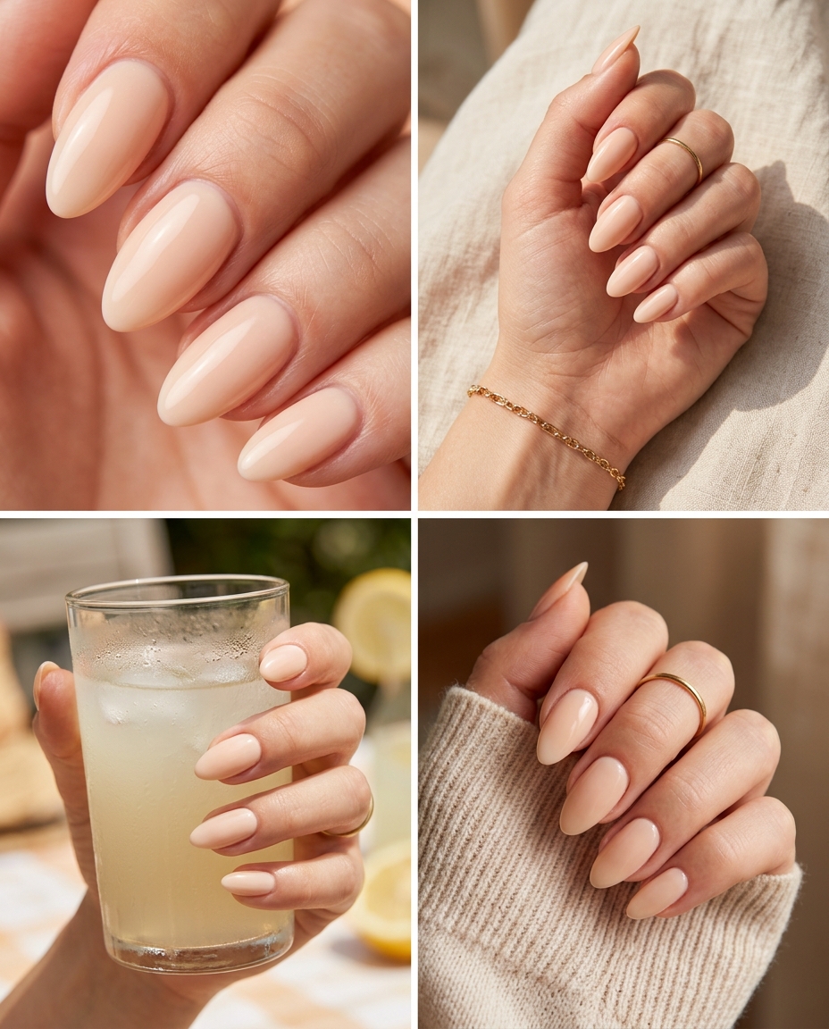 Apricot Cream Almond Nails 2026 Almond summer nails 2026 for fair skin: Milky light peach opaque cream finish for elegant daily wear.
