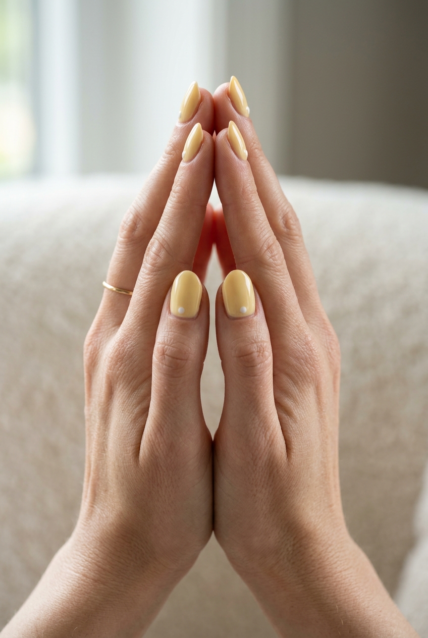 Almond Summer Nails 2026: Butter Yellow with Dots Almond summer nails 2026 for fair skin: Playful butter yellow with white dots for casual outings.