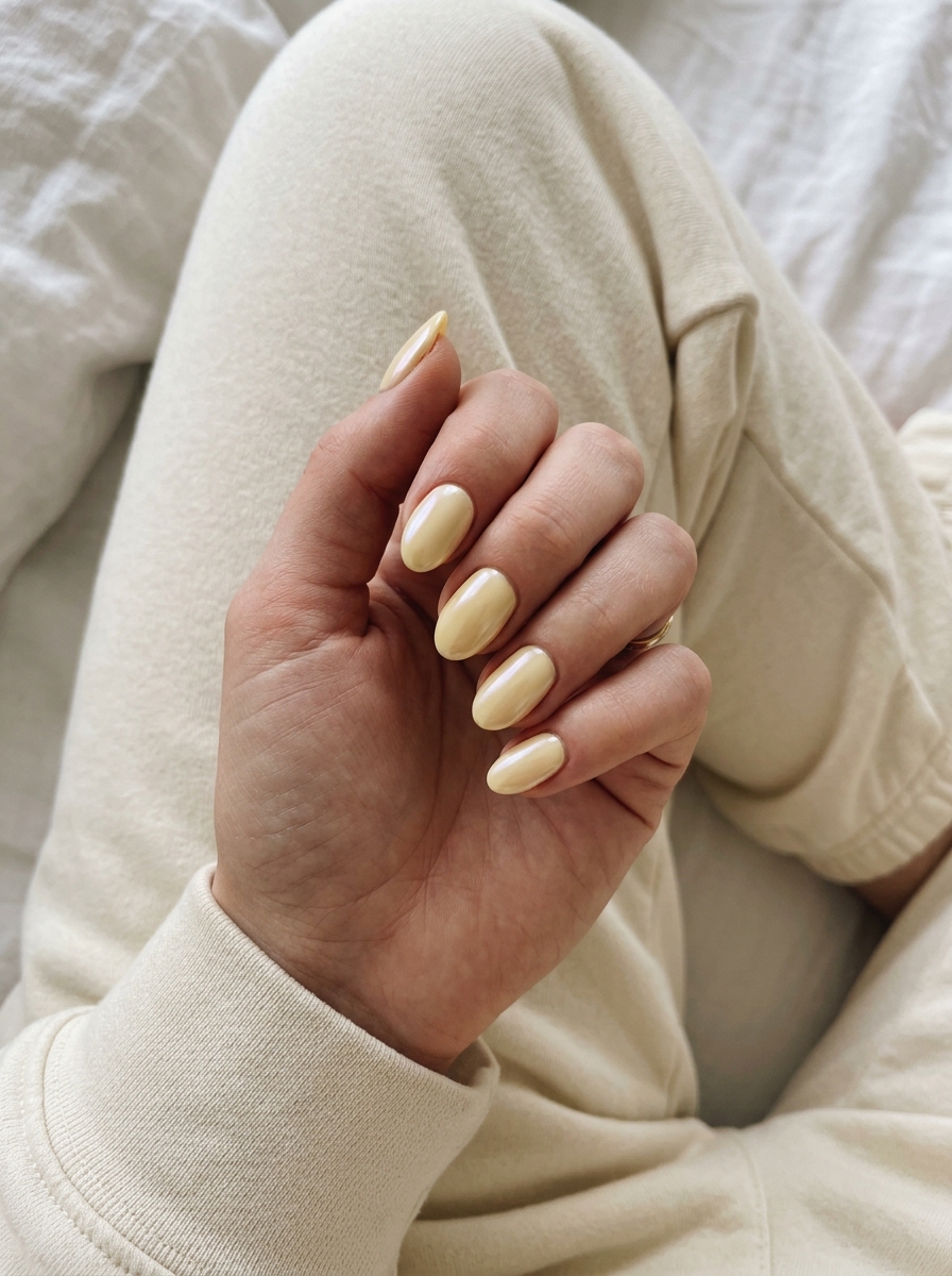 Butter Yellow Glazed Almond Nails 2026 Almond summer nails 2026 for fair skin: Butter yellow with pearlescent sheen for playful, sweet weekend vibes.