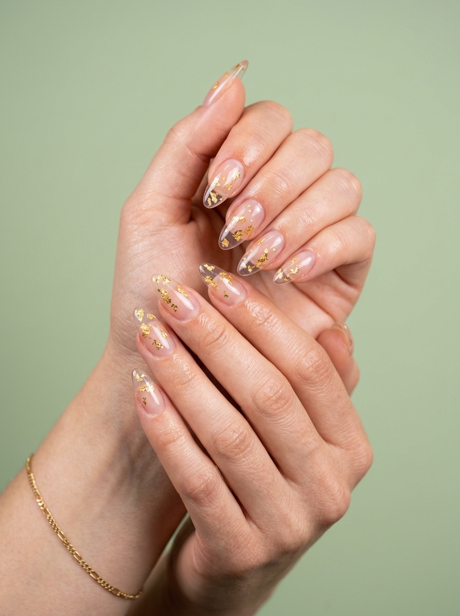 Golden Hour Jelly Almond Nails 2026 Almond summer nails 2026 for fair skin: Clear jelly with gold foil flakes for a bohemian, ethereal look.