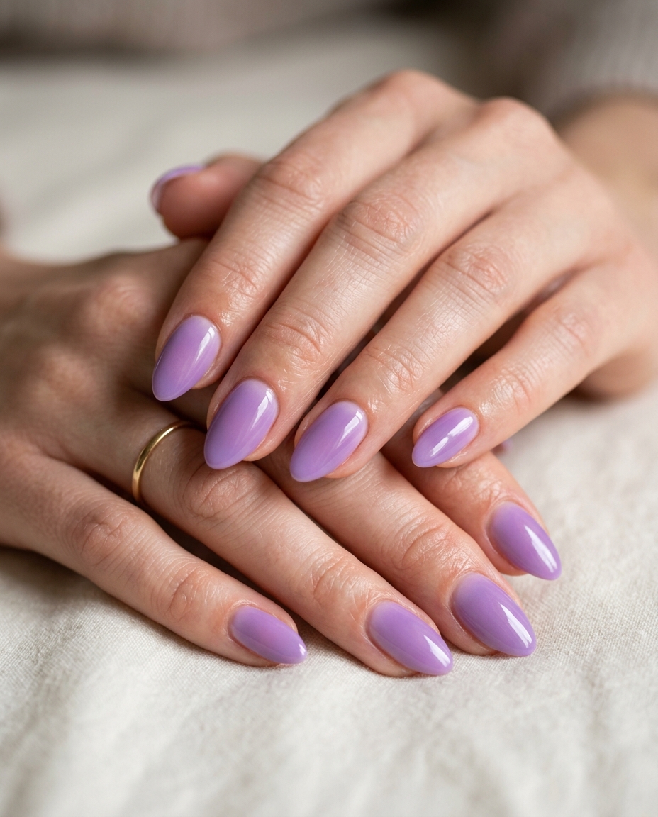Almond Summer Nails 2026: Lavender Aura Almond summer nails 2026 for fair skin: Dreamy soft lavender aura gradient for romantic evenings.