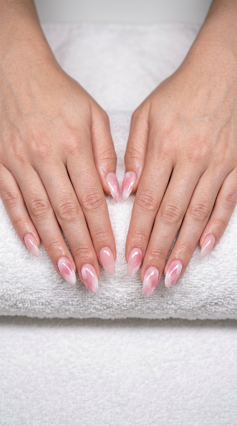 Watercolor Almond Nails 2026: Romantic Art Pale Pink Abstract Watercolor Almond nails for almond summer nails 2026 for fair skin. Romantic and artistic.