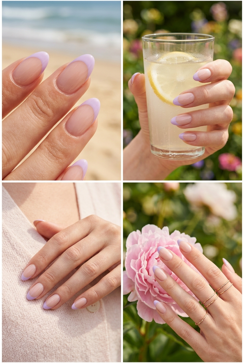 Pastel Lavender French Almond Nails 2026 Pastel Lavender French Tip Almond nails for almond summer nails 2026 for fair skin. Whimsical and playful.