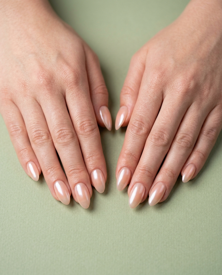 Sheer Peach Glazed Almond Nails 2026 Almond summer nails 2026 for fair skin: Sheer peach glazed donut effect for a sophisticated, clean-girl vibe.