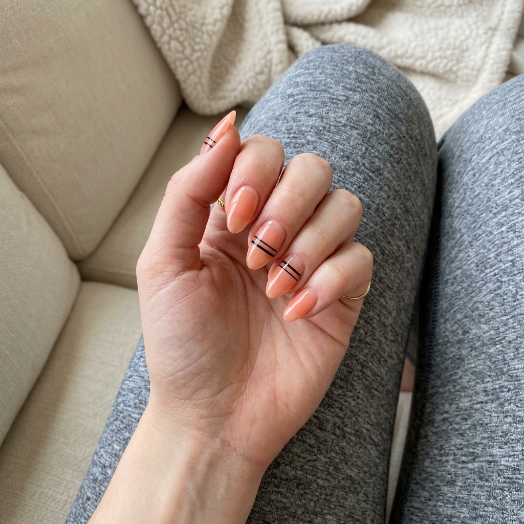 Sheer Peach Line Art Almond Nails 2026 Sheer Peach Almond with Minimalist Black Lines for almond summer nails 2026 for fair skin. Sophisticated and modern.