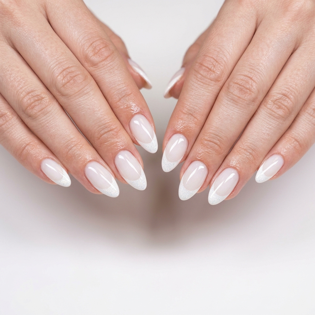 Sparkling French Almond Nails 2026: Glam Party Sparkling White French Almond nails for almond summer nails 2026 for fair skin. Glamorous and festive.