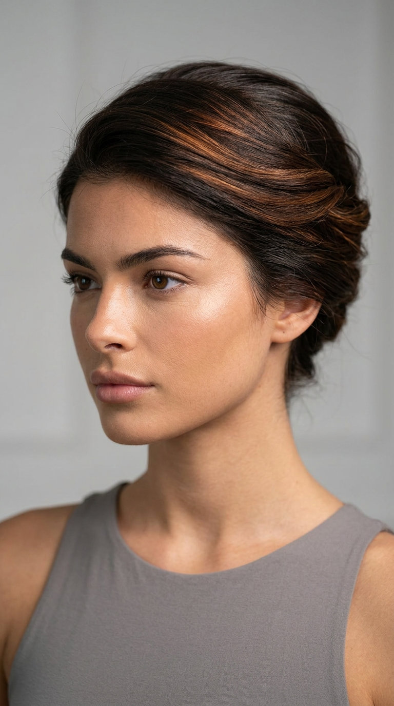 collarbone-length blunt cut in glossy amber brunette with warm amber auburn reflects, no bangs — sophisticated French twist