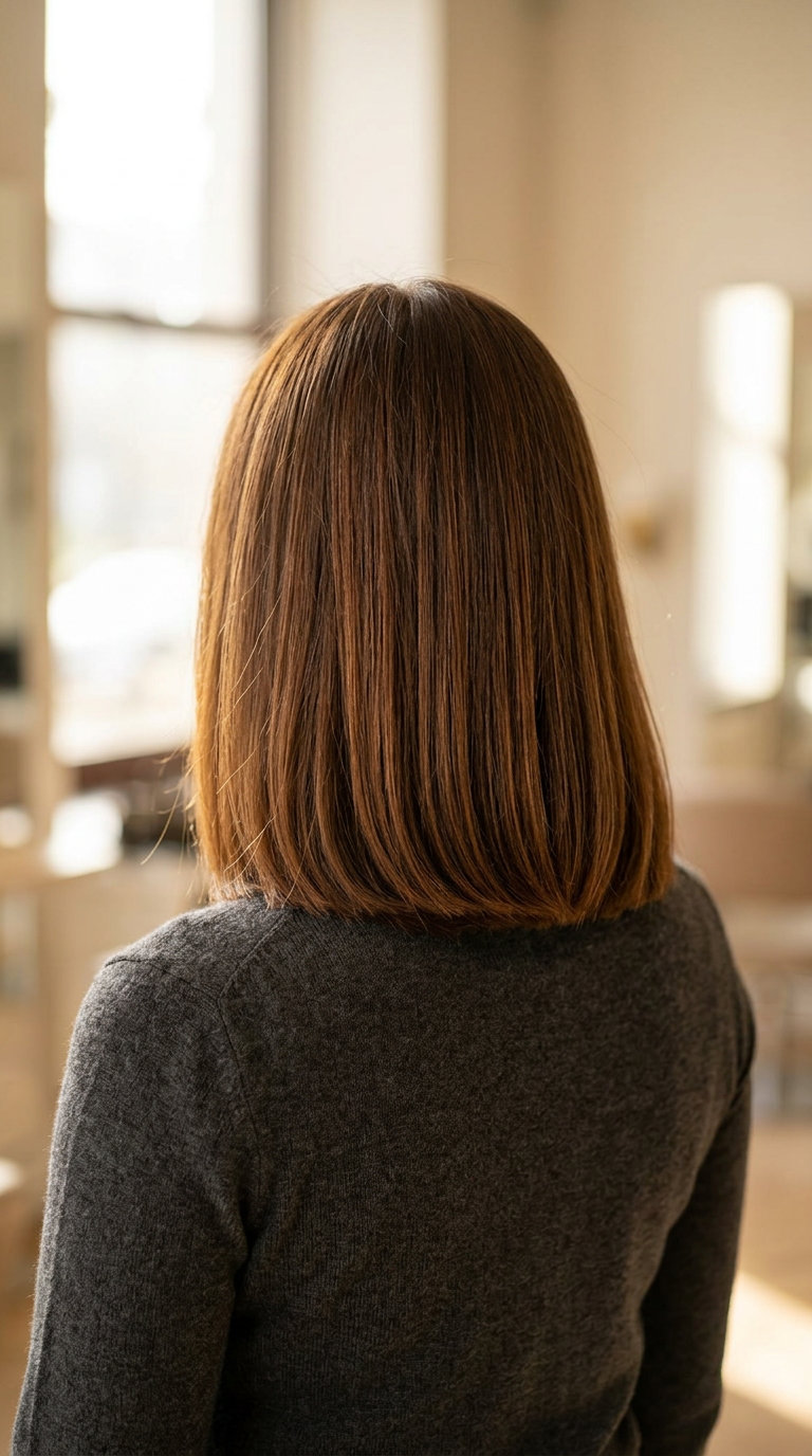 collarbone-length lob in glossy amber brunette with auburn reflects, blunt perimeter & deep side part — sophisticated professional look