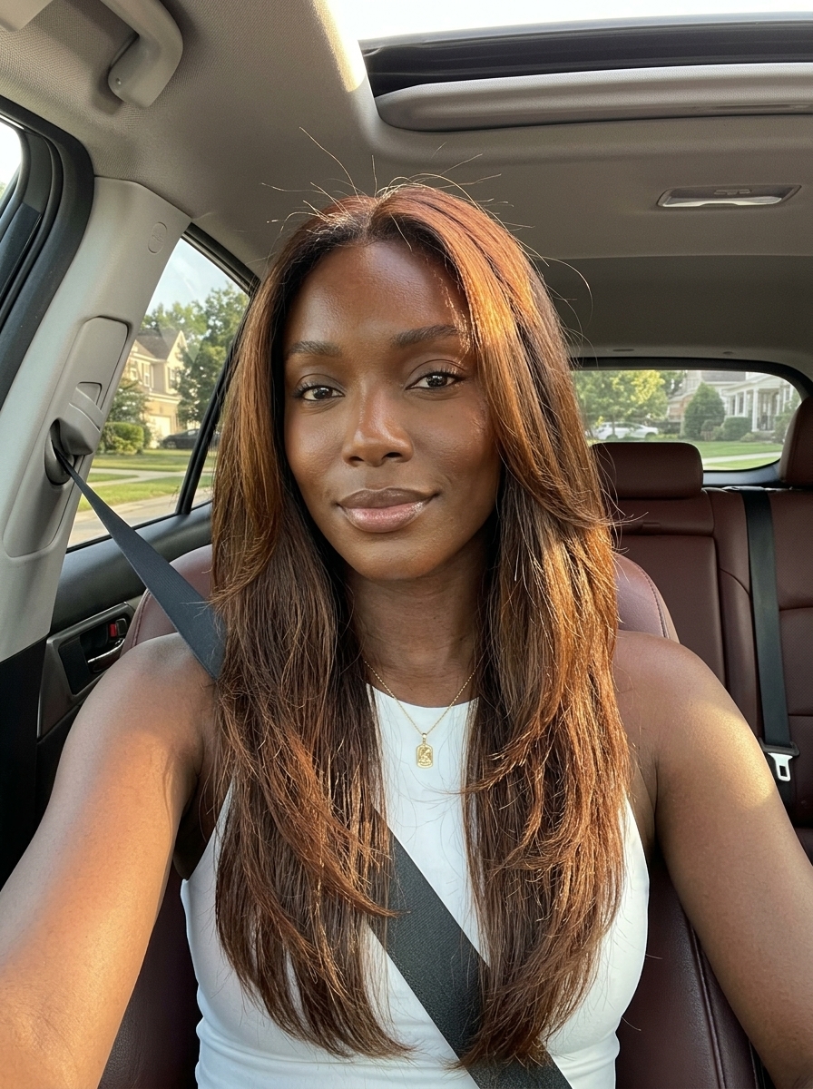 long layered hair amber brunette with warm amber reflects, jawline layers, U-shaped perimeter — elegant romance
