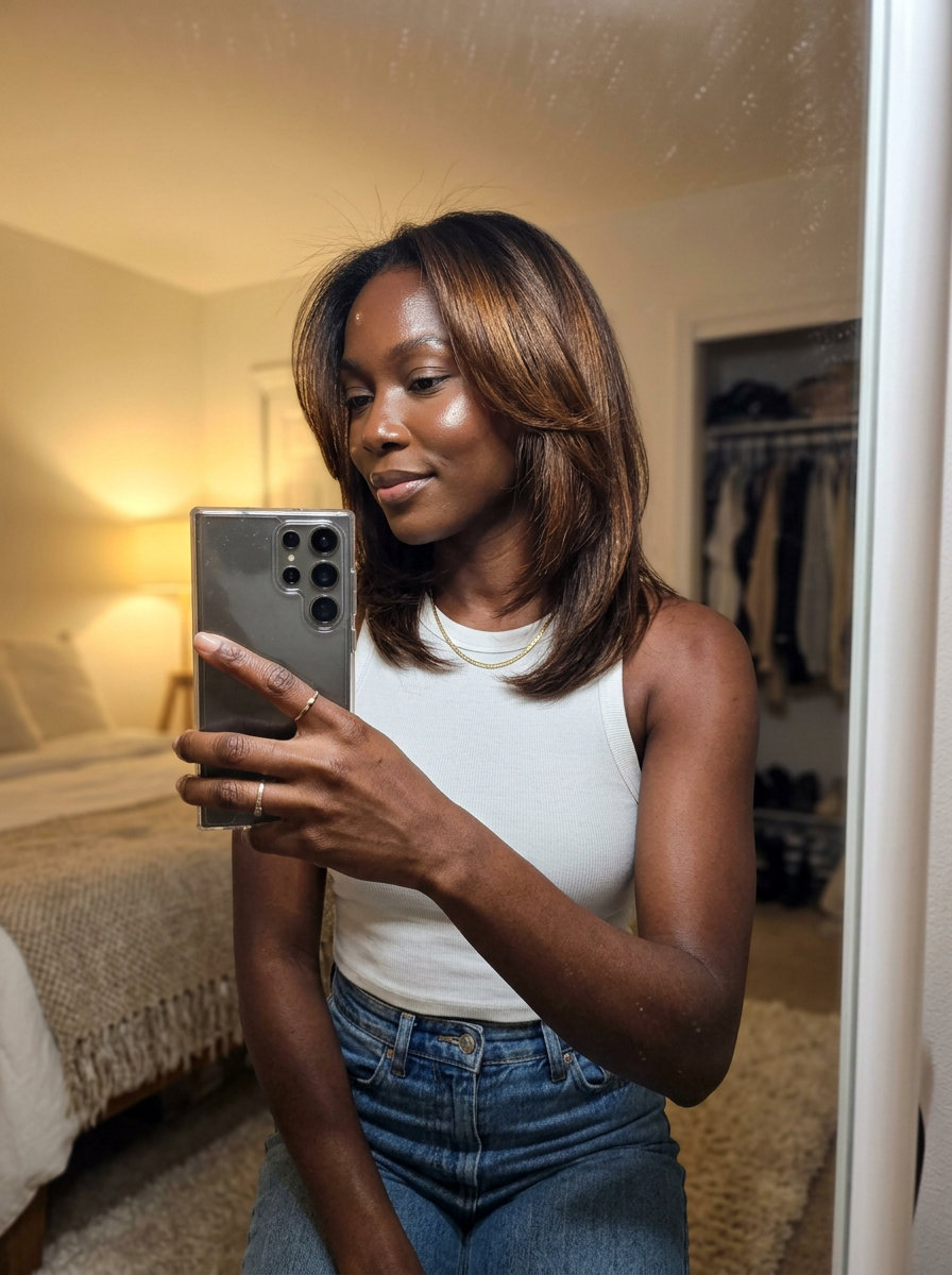 long espresso brown with amber gloss, warm molten sheen — sophisticated warm daily wear look