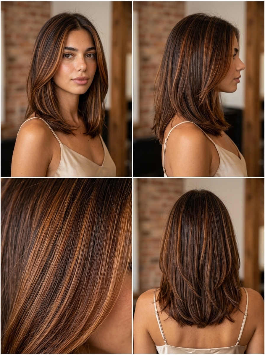 long brown hair with amber glaze honey-red highlights, translucent gloss, no fringe — romantic, warm, glowing