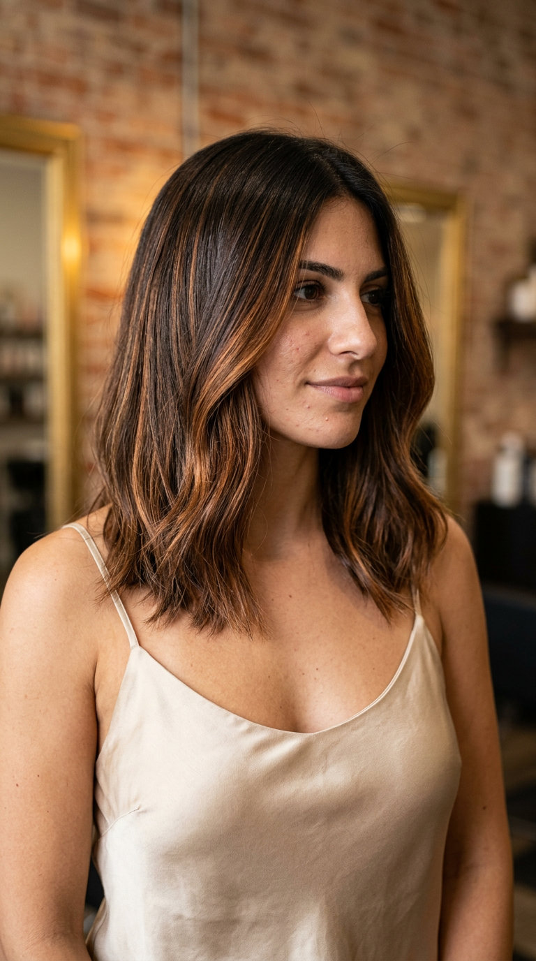 long brunette hair color with amber micro-lights, hand-painted balayage, no fringe — sultry summer vibes