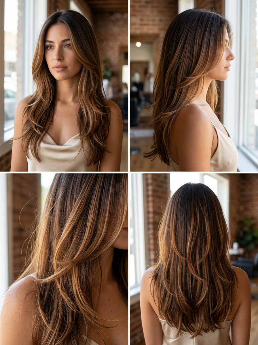 long layered balayage with amber melt and face-framing layers for summer vacation