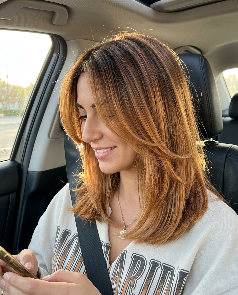 medium layered cut with amber balayage, razored face-framing, no fringe — playful bohemian style