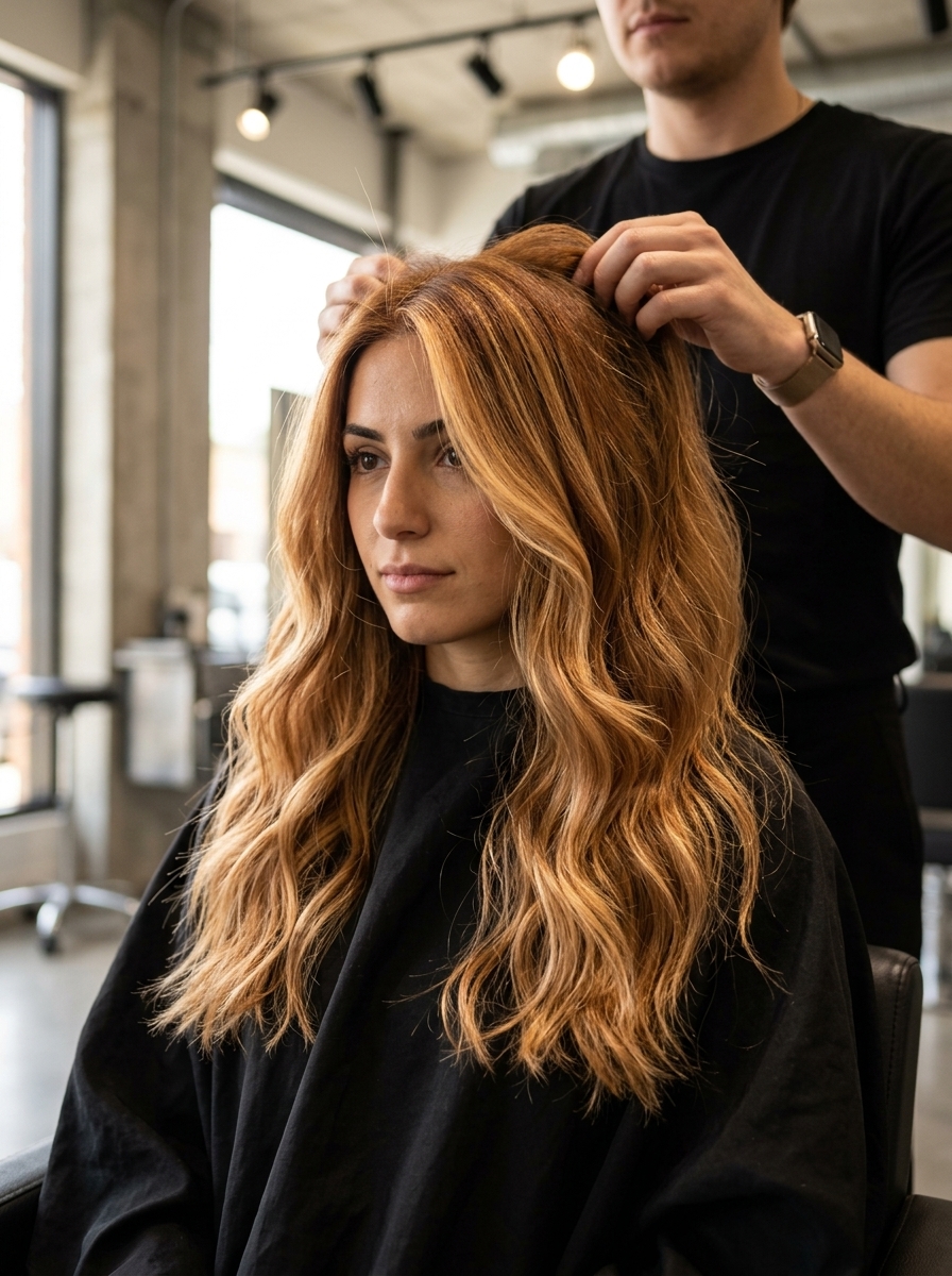 long flowing haircut in apricot auburn balayage with golden-blonde highlights, soft face-framing layers and curtain bangs — bohemian beach vacation