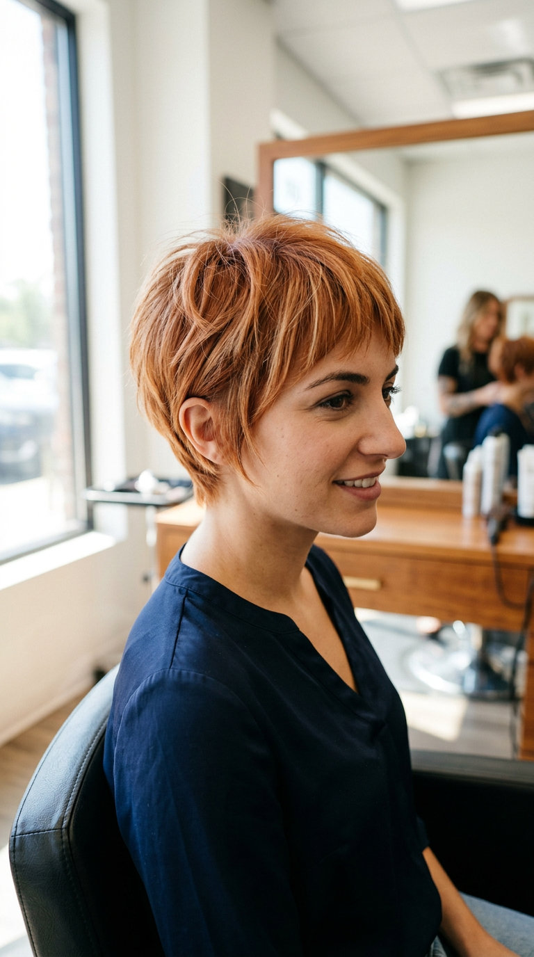 very short pixie cut warm apricot auburn with golden babylights, point-cut layers, wispy micro-bangs — playful energy