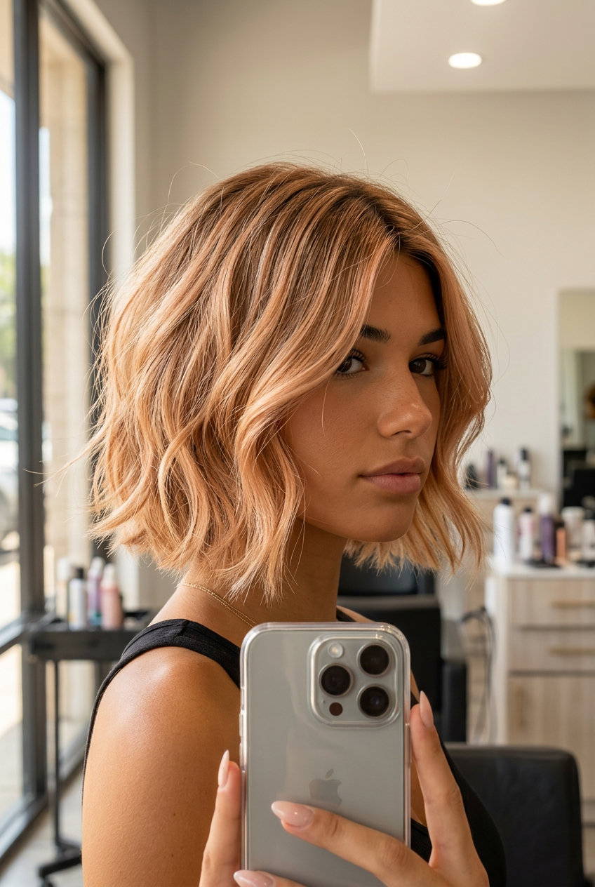 short french bob haircut with apricot balayage, peach tones, soft layers — romantic dreamy bohemian