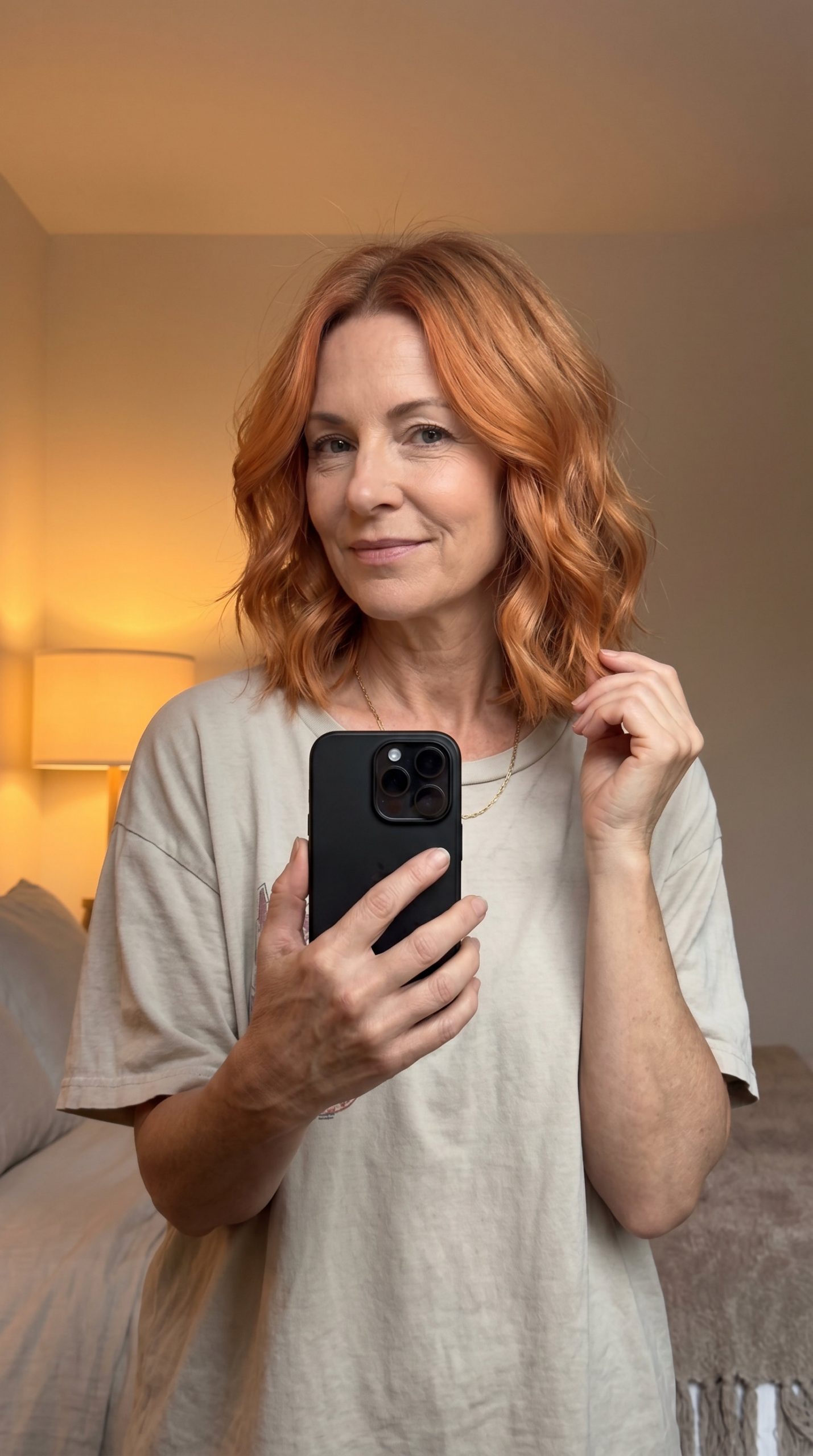 collarbone-length apricot shag with face-framing layers and wispy fringe for beach vacations
