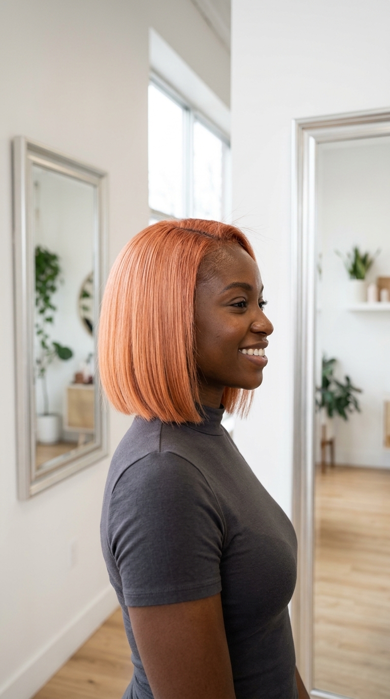 chin-length apricot copper blunt bob with peach undertones, sleek finish, no bangs — vibrant summer look