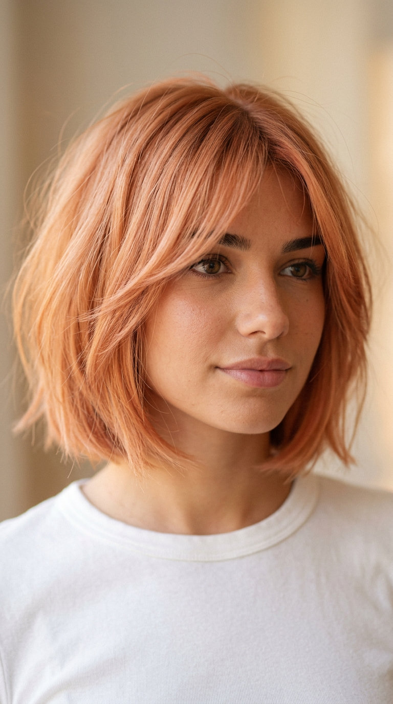 jaw-length messy bob haircut with pastel apricot copper, point-cutting and face-framing layers for summer