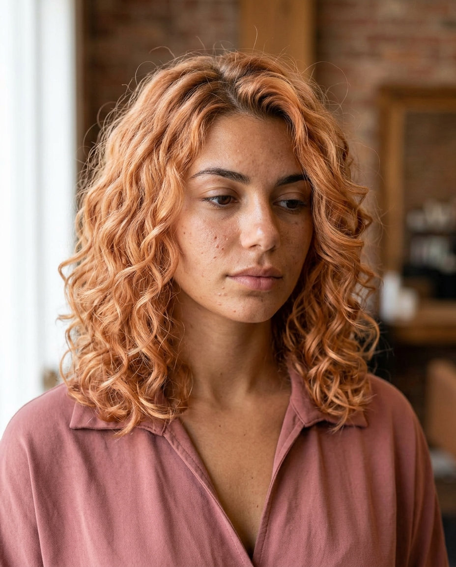 medium lob haircut in pastel apricot copper with golden peach undertones for curly hair