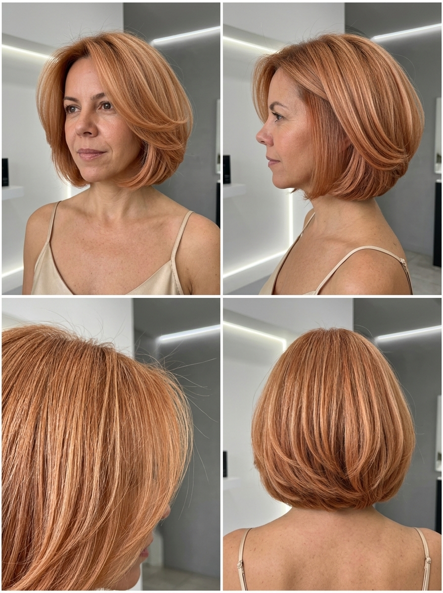 chin-length baroque bob haircut in apricot crush with peach undertones, strawberry blonde lowlights, sculpted ends — bold and glamorous