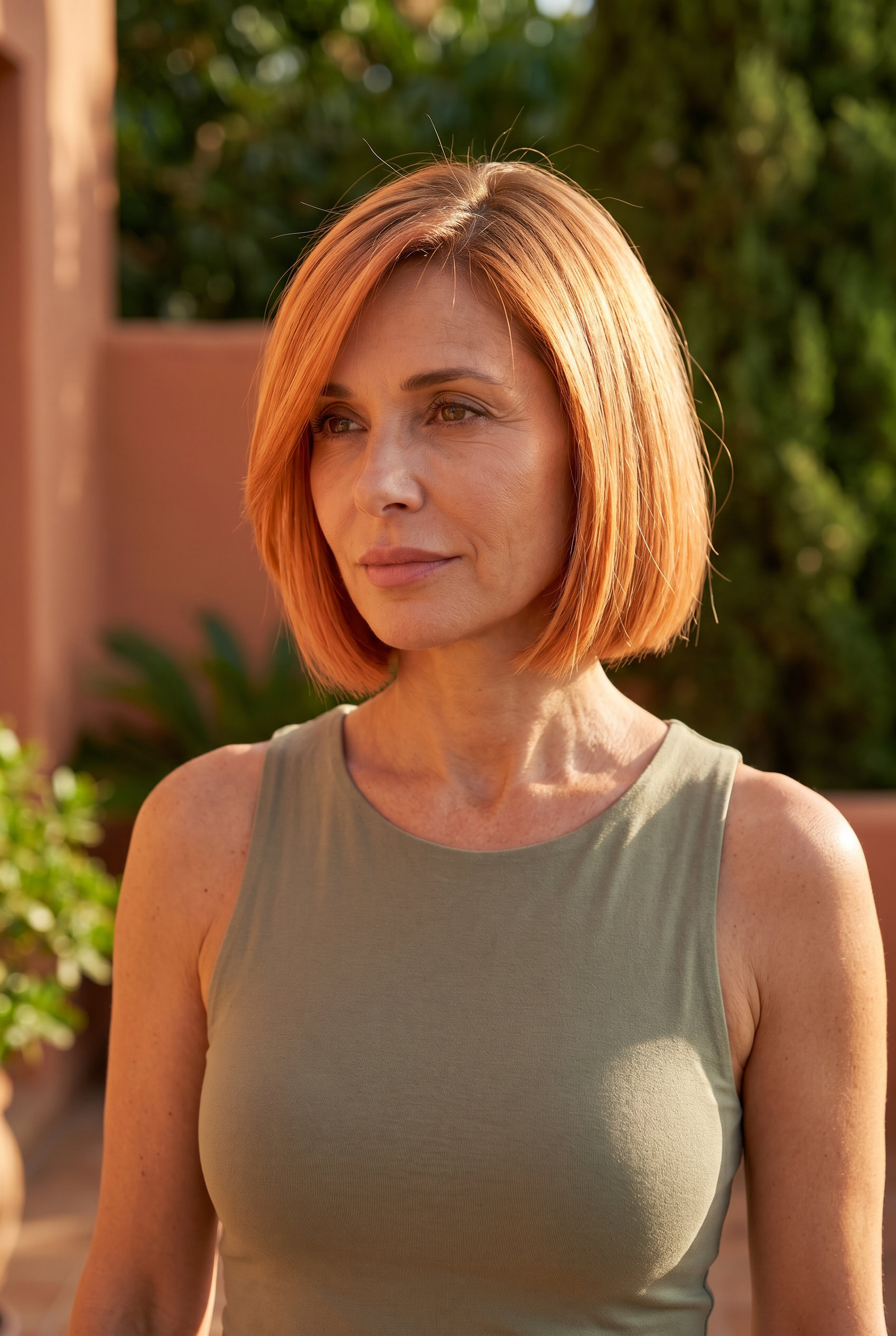 chin-length blunt bob apricot crush with warm brown root smudge, razor cut, no bangs — bold summer 2026 haircut