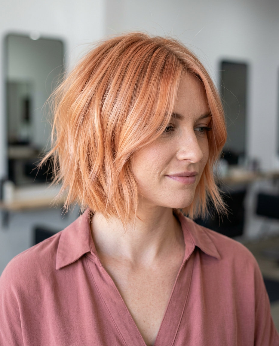 jaw-length messy bob haircut with apricot crush color and face-framing layers for summer 2026