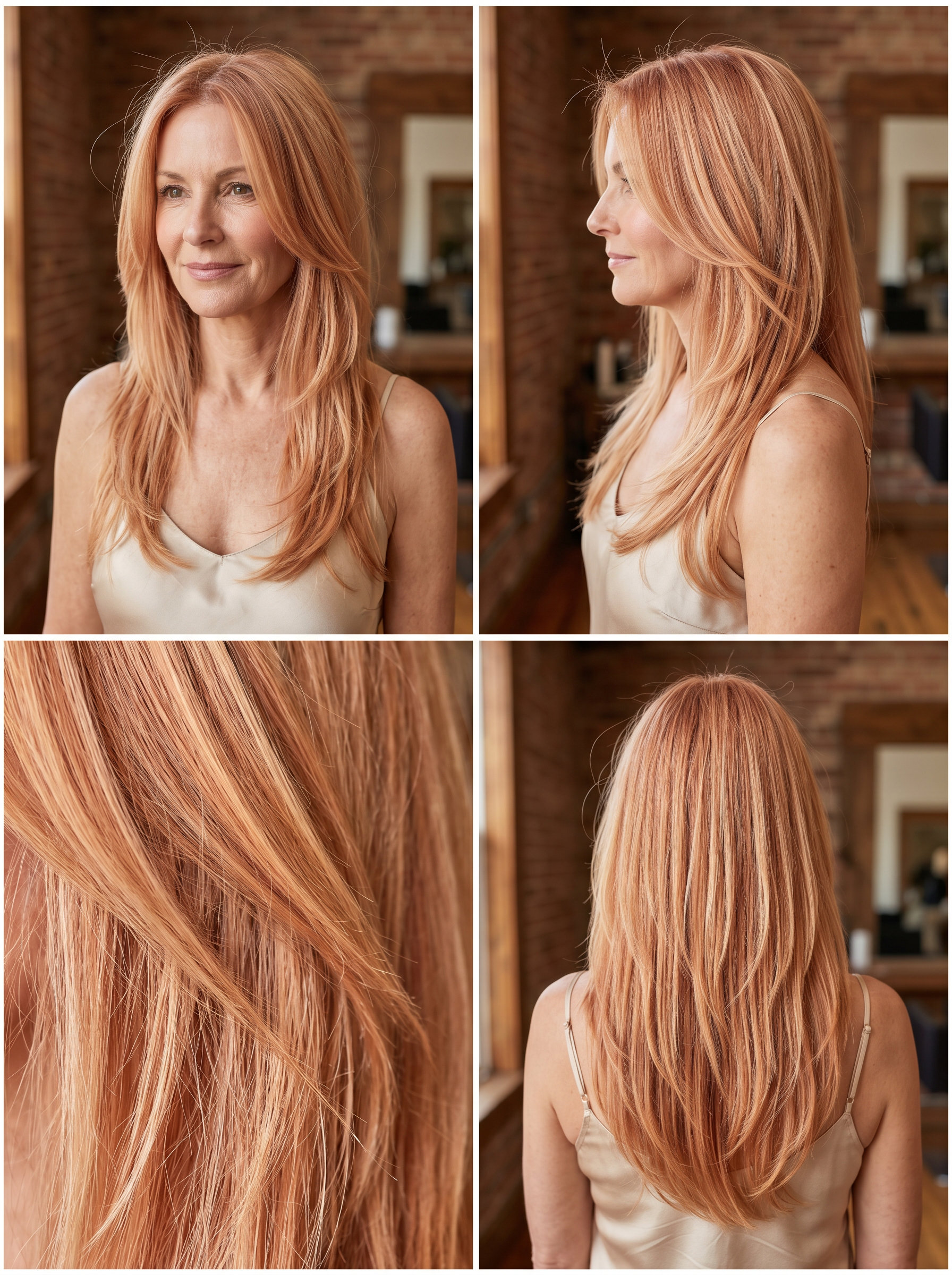 long layered haircut apricot crush with strawberry blonde babylights, face-framing layers, swept-aside fringe — romantic summer 2026 haircut