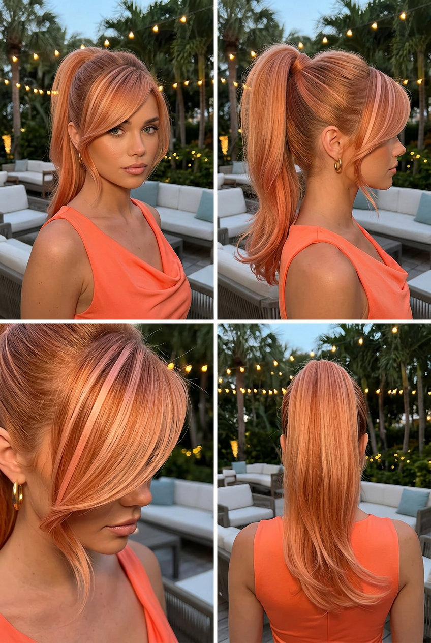 long apricot crush ponytail hairstyle with strawberry blonde ribbons, deep side part, sweeping fringe — bold glamorous party