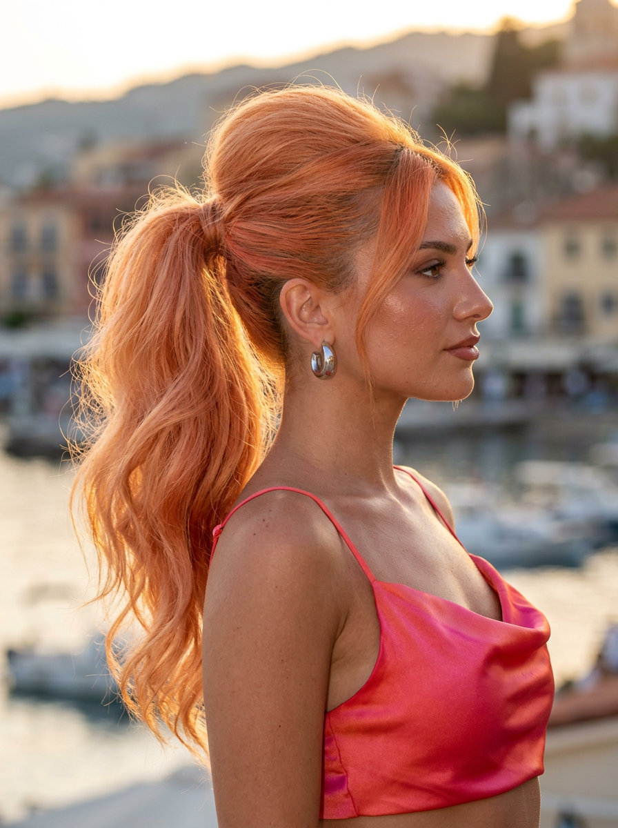 long vibrant apricot crush high ponytail with voluminous crown and flipped ends for Y2K glam