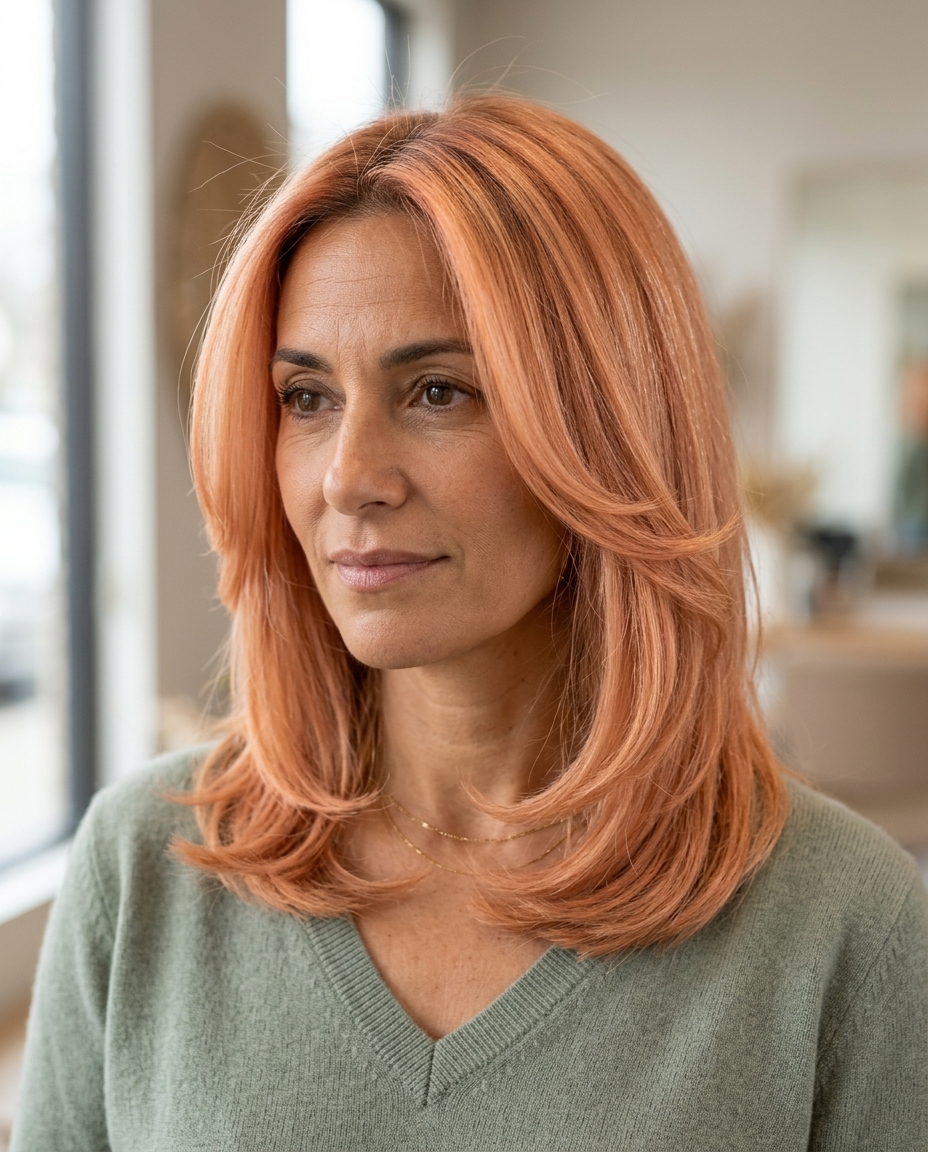 medium-length apricot crush haircut with C-shaped layers, long curtain bangs — glowing & modern