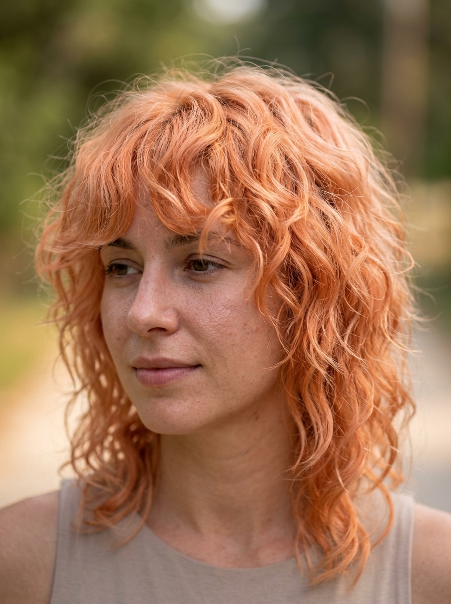 medium layered wolf cut in apricot crush with natural root for festivals