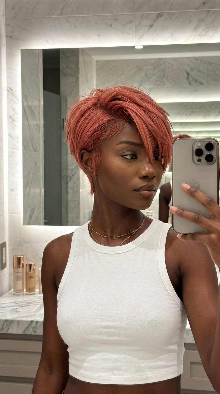 short razored pixie haircut with apricot crush red, choppy layers, asymmetrical fringe — bold summer