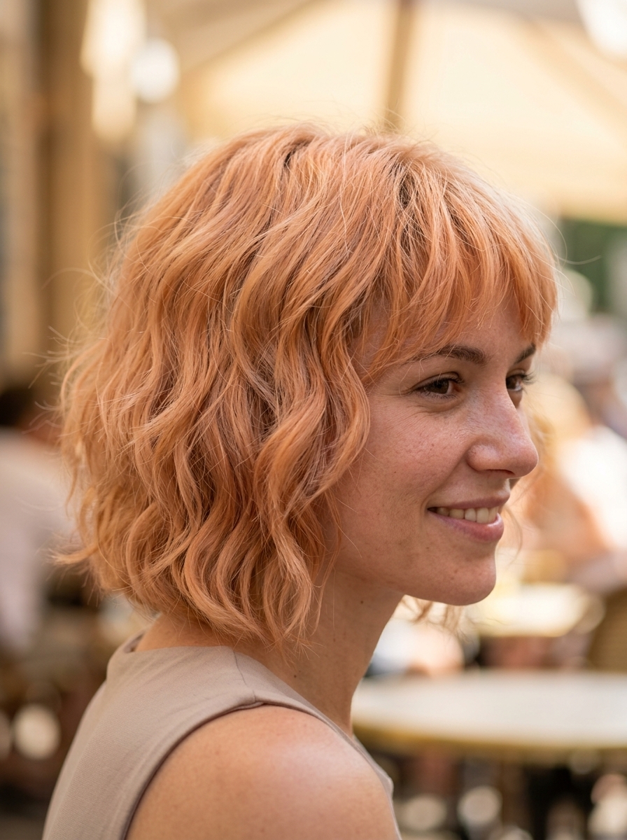 short layered wolf cut in apricot crush with peach undertones for festivals