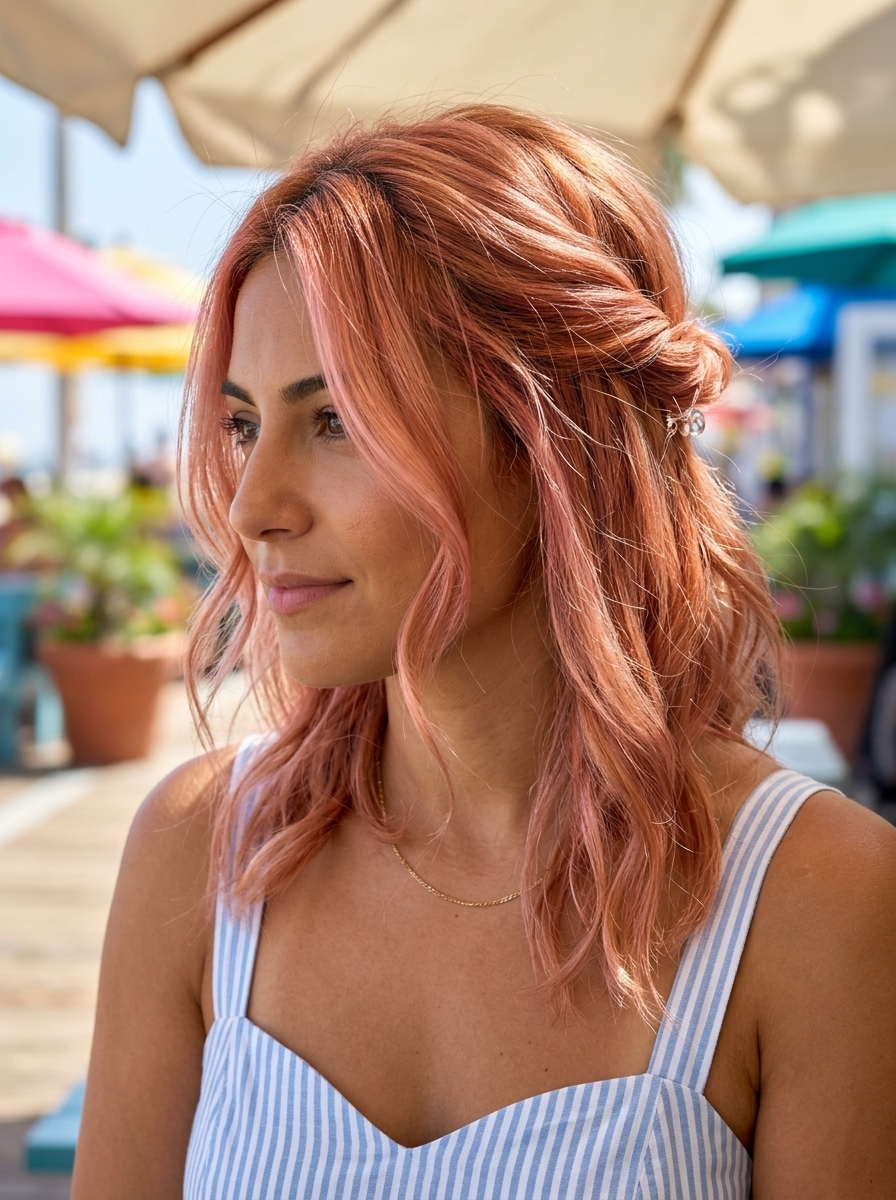 long textured half-up twist with apricot crush color, subtle rose gold highlights, loose volume — playful summer look